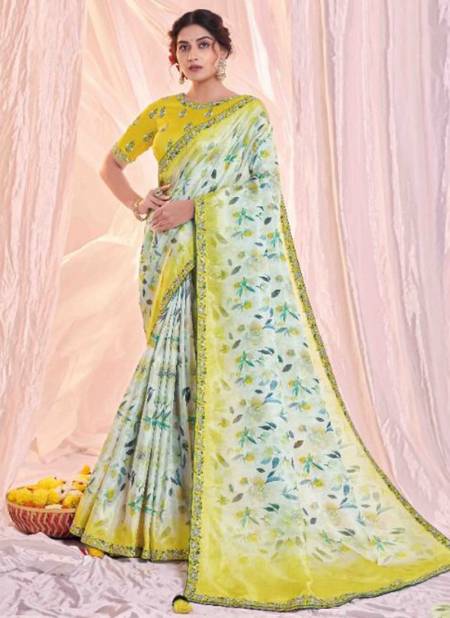 Yellow And White Colour Rajastha Mahotsav New Latest Designer Ethnic Wear Tissue Silk Printed Saree Collection 42507